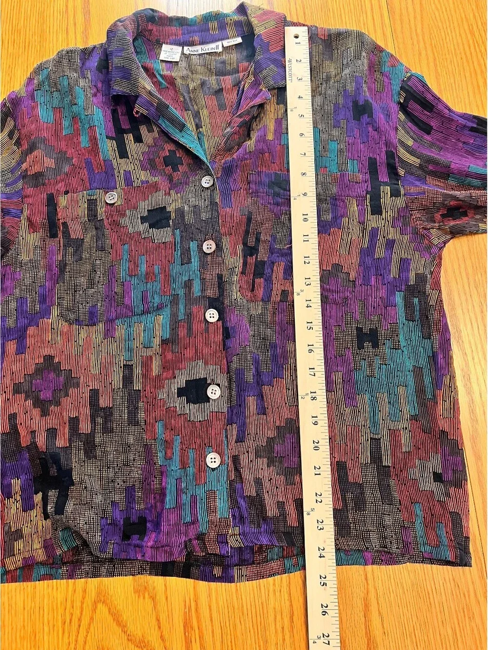 Vintage Anne Klein II Multicolor Geometric Silk Button-Up Blouse Size 12